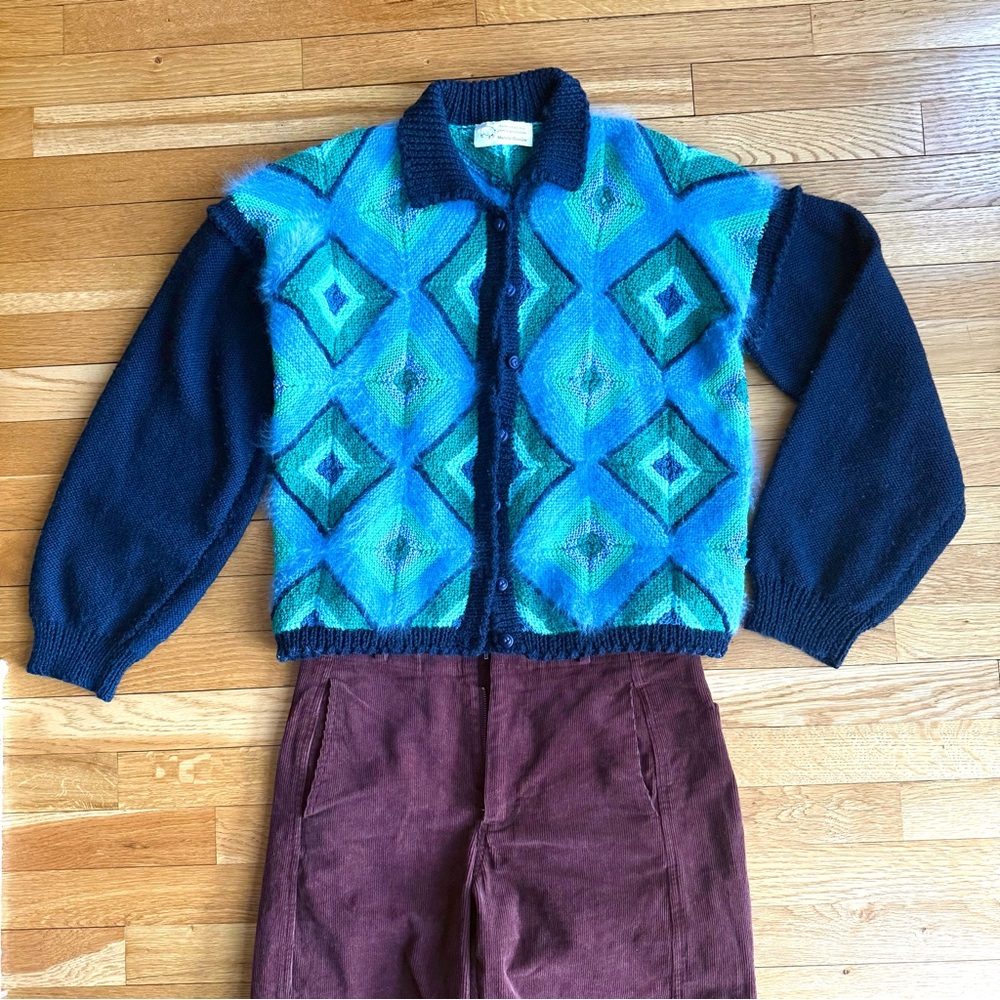Handmade OOAK Kidcore Fuzzy Blue Green Crochet Mohair Cardigan|  Medium